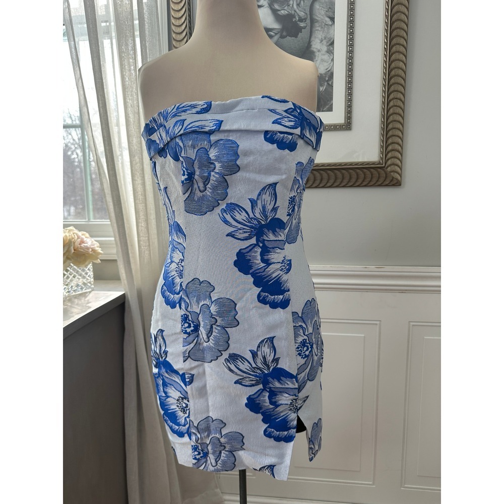 Runaway‎ The Label Night Out Strapless Floral Jacquard Blue White Coquette XS